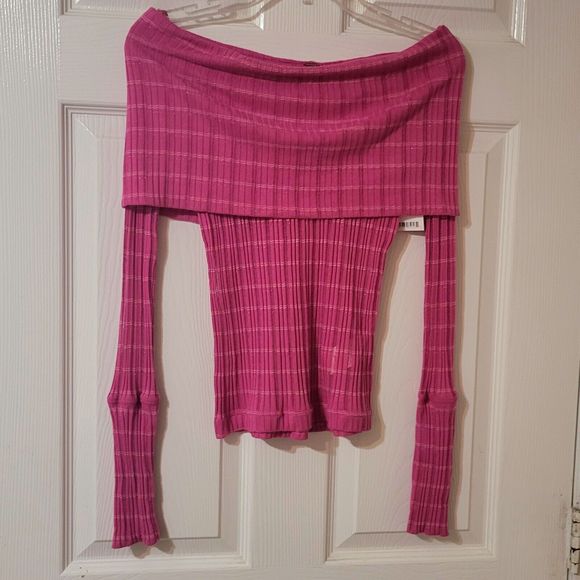 NWT Free People S Snowbunny Girlfriend Ribbed LS Fuchsia Fizz Combo - Picture 7 of 12